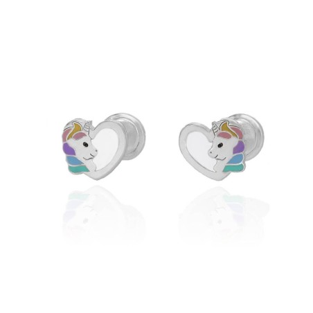 Pendientes Corazón Unicornio Esmalte Rosca